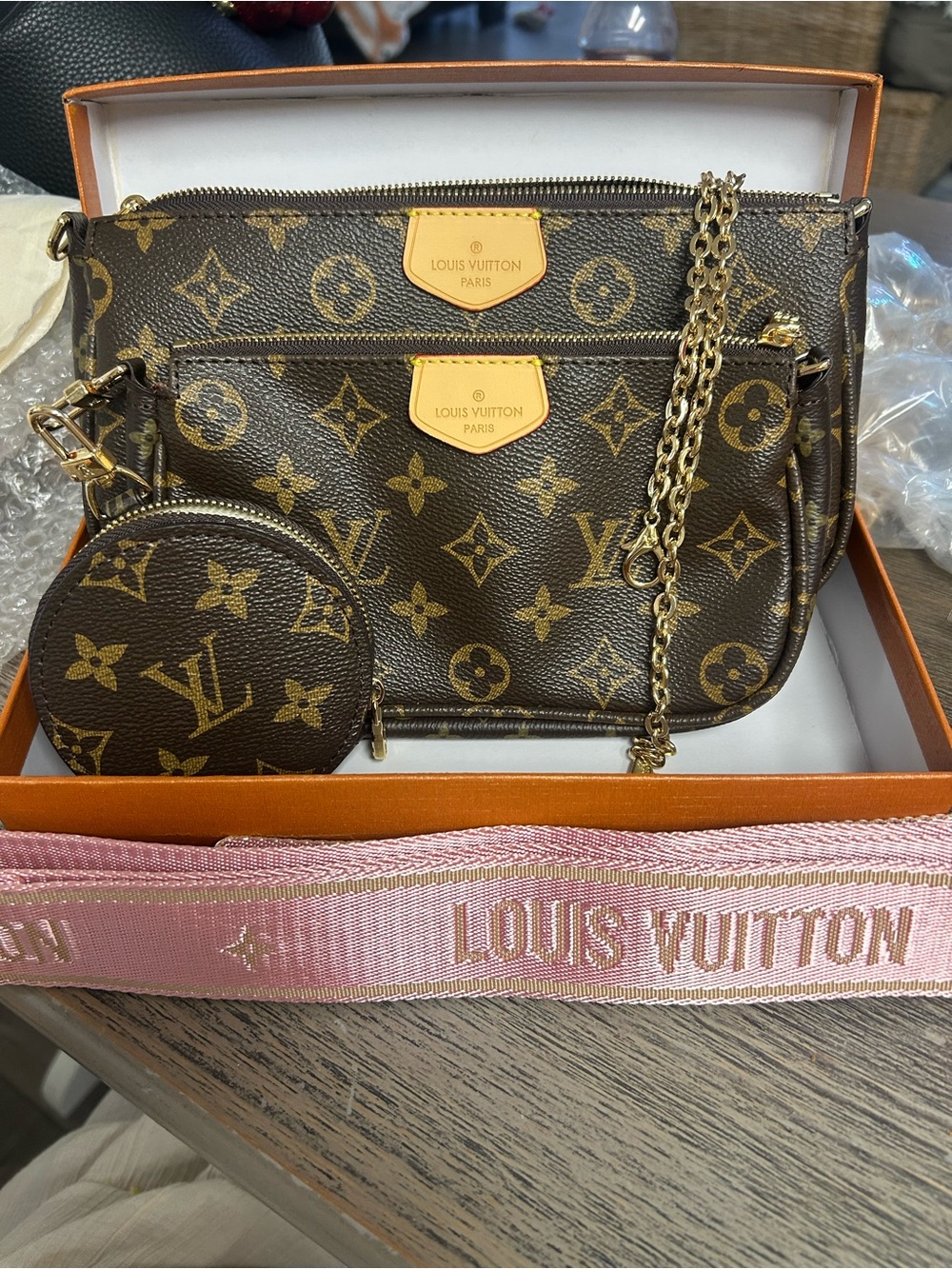 Fashion Monogram Multi-Pouch Crossbody in Brown with Pink Strap